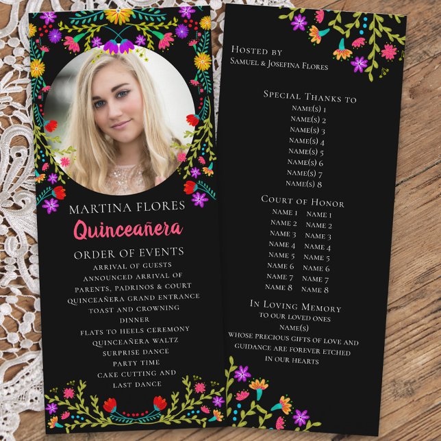 Quinceanera Blommigt Mexican Fiesta Black Photo Program (Quinceanera order of events with custom photo and colorful mexican fiesta flowers on black)