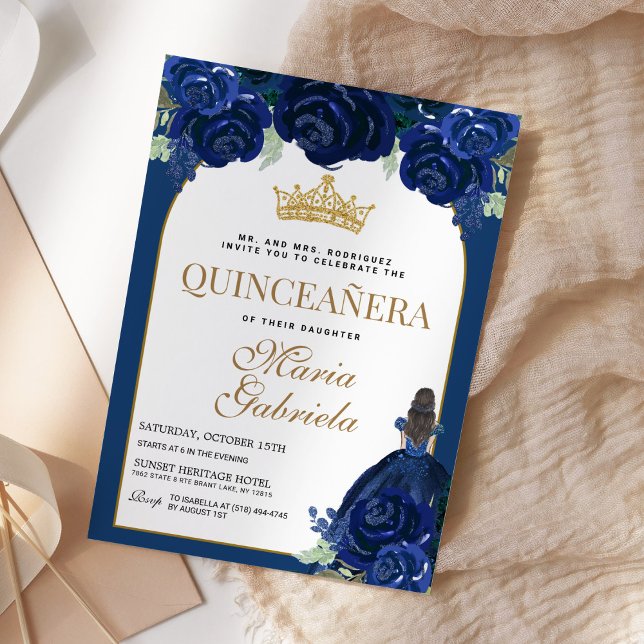 Quinceanera Blommigt Navy Blue Guld Mis Quince Ano Inbjudningar (Skapare uppladdad)