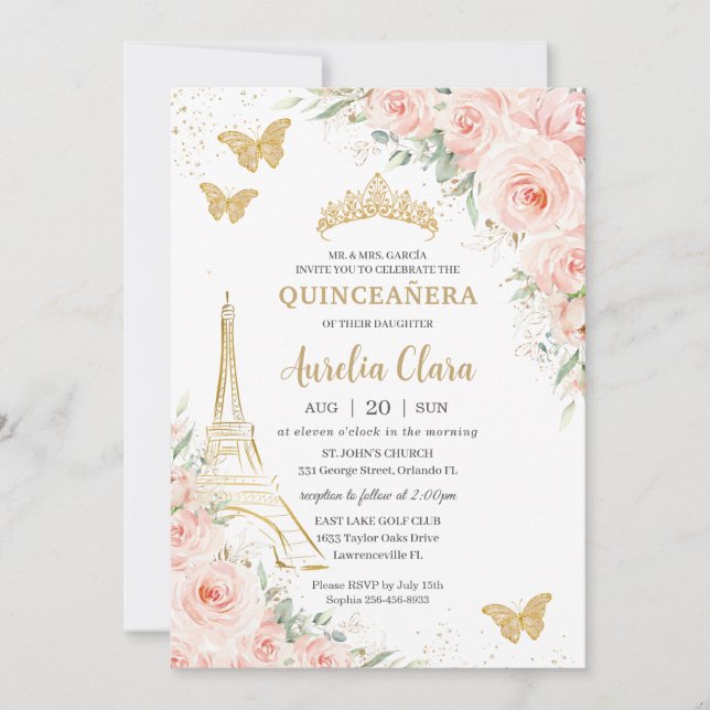 Quinceañera  Blommigt Paris Eiffel Champagne Inbjudningar (Framsida)