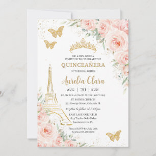 Quinceañera Blommigt Paris Eiffel Champagne Inbjudningar
