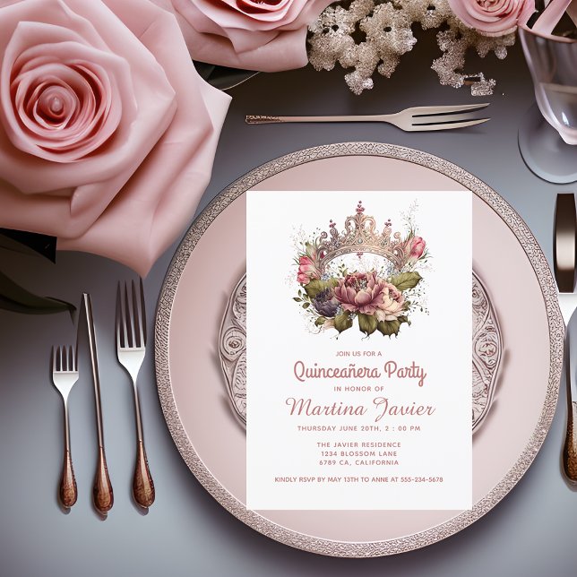 Quinceañera Blommigt Pincess Krona 15:e födelsedag Inbjudningar (Skapare uppladdad)