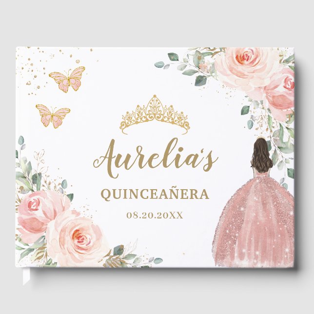 QUINCEANERA  Blommigt Princess Butterflies Guld Gästböcker (Framsida)