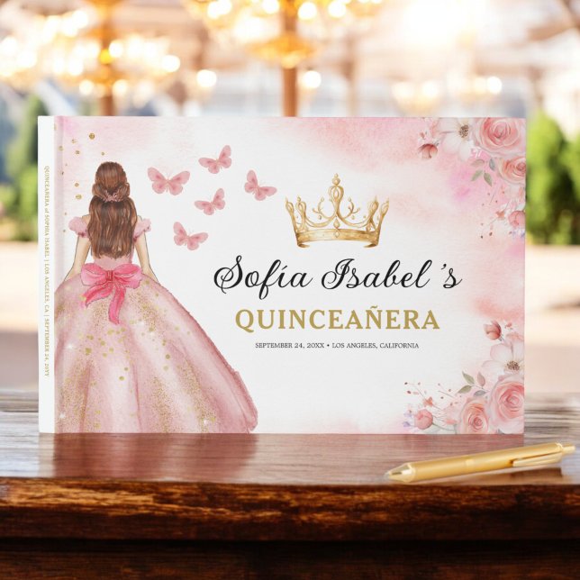 Quinceañera  Blommigt Princess Butterflies Guld Gästböcker (Skapare uppladdad)