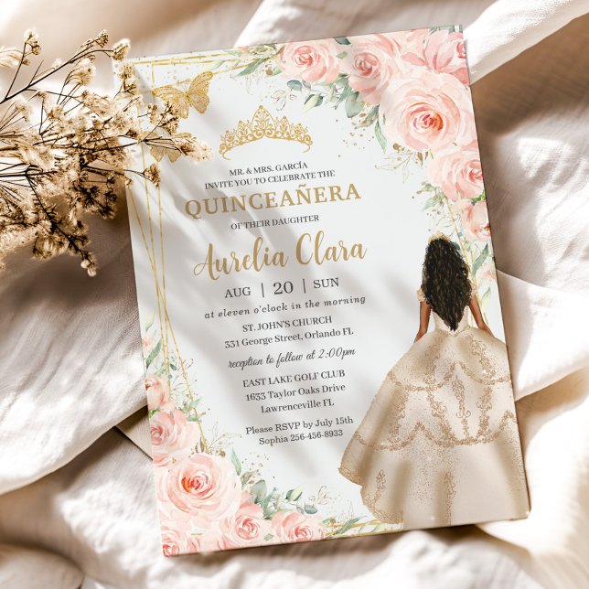 Quinceanera  Blommigt Princess Champagne Dress Inbjudningar (Skapare uppladdad)
