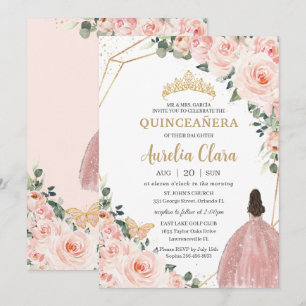 Quinceañera Blommigt Princess Guld Krona Inbjudningar