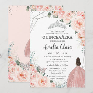 Quinceañera Blommigt Princess Silver Krona Inbjudningar