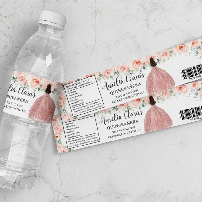Quinceañera  Blommigt Princess Sweet Birthday Vattenflaskor Etikett (Skapare uppladdad)