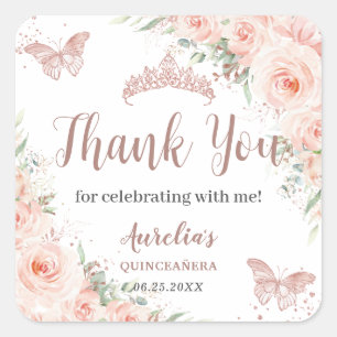 Quinceanera Blommigt Ro Guld Butterflies Fyrkantigt Klistermärke
