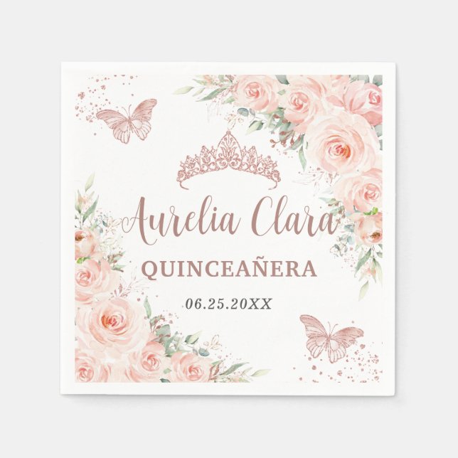 Quinceanera  Blommigt Ro Guld Butterflies Pappersservett (Framsidan)