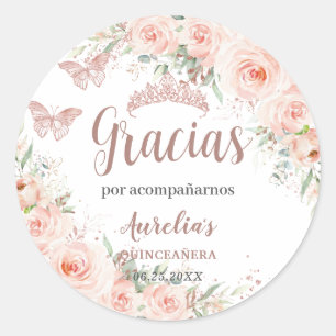 Quinceañera Blommigt Ro Guld Butterflies Runt Klistermärke