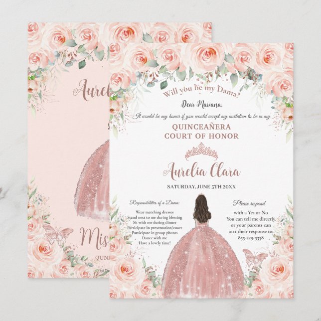 Quinceañera  Blommigt Ro Guld Dama Frieri Inbjudningar (Fram/baksida)