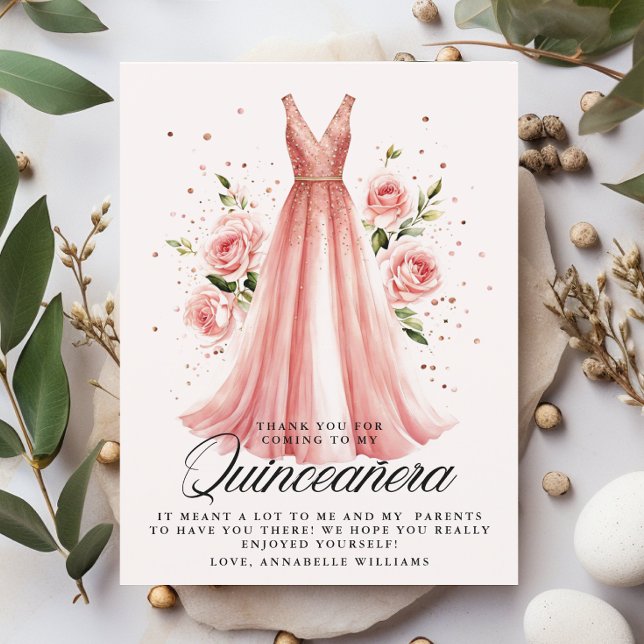 Quinceañera Blommigt Ro Guld Dress 15:e födelsedag Tack Kort (Skapare uppladdad)