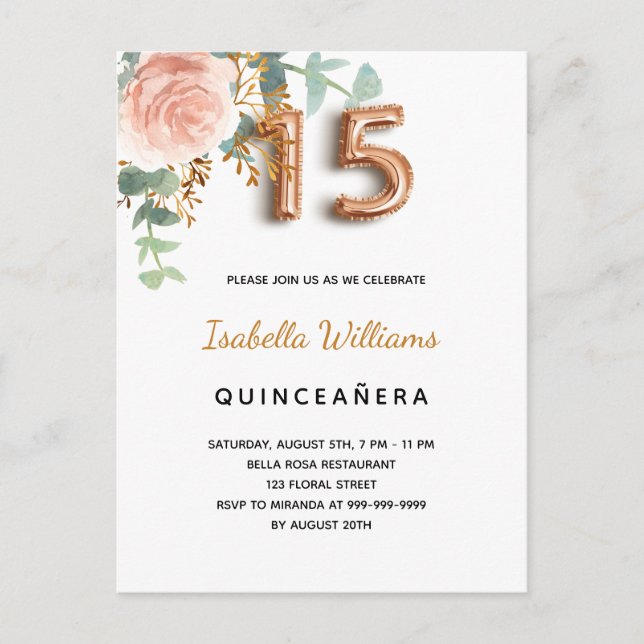 Quinceanera blommigt ro guld eucalyptus elegant inbjudan vykort (Framsida)