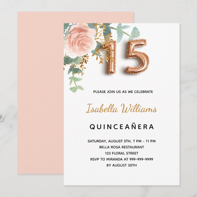 Quinceanera blommigt ro guld eucalyptus elegant inbjudningar (Fram/baksida)