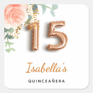 Quinceanera blommigt ro guld eucalyptus monogram fyrkantigt klistermärke