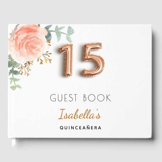 Quinceanera blommigt ro guld eucalyptus monogram gästböcker (Framsida)
