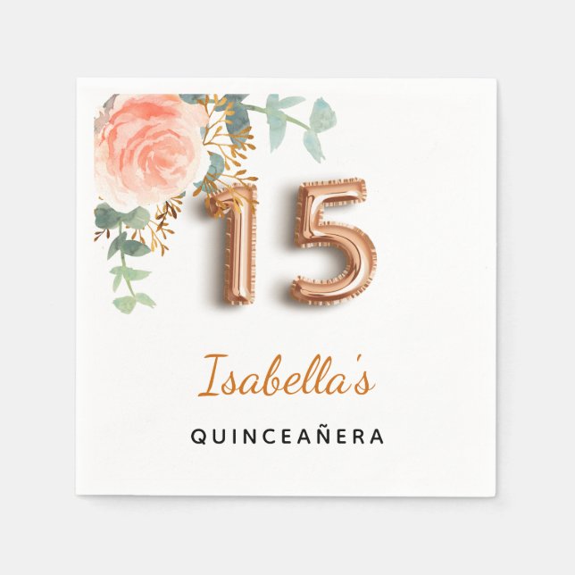 Quinceanera blommigt ro guld eucalyptus monogram pappersservett (Framsidan)