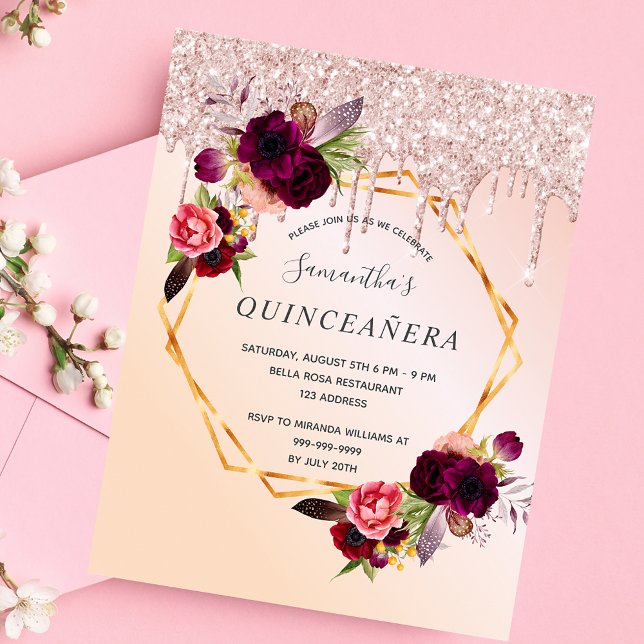 Quinceanera blommigt ro guld glitter inbjudan (Skapare uppladdad)