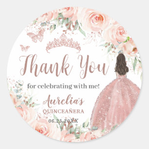 Quinceanera, Blommigt Ro Guld Princess Dress Runt Klistermärke