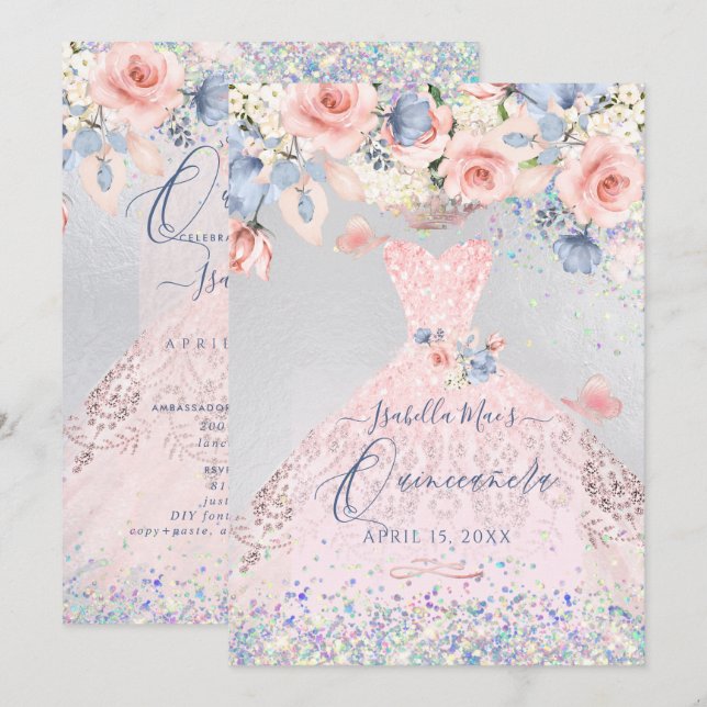 Quinceanera Blommigt  Rosa Glitter Gown Inbjudningar (Fram/baksida)