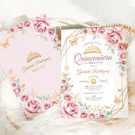Quinceanera Blommigt Rosa Guld Inbjudningar