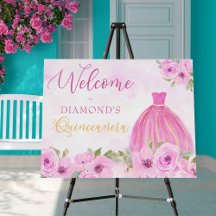 Quinceanera Blommigt Rosa och Guld Princess Välkom