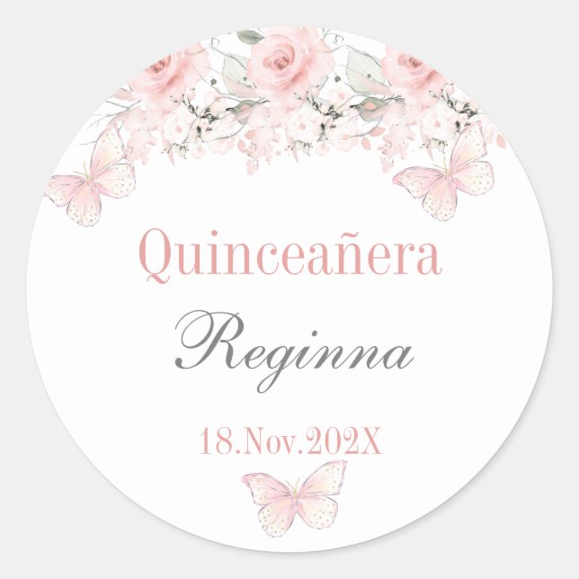 Quinceañera blommigt rosa runt klistermärke (Framsida)