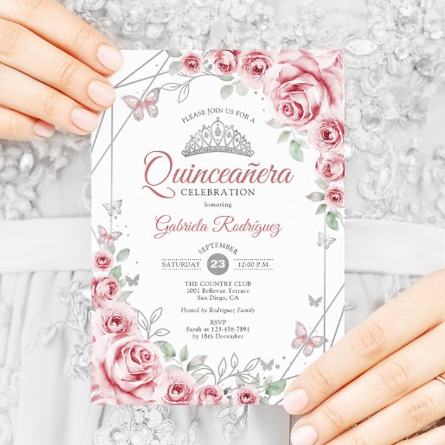 Quinceanera Blommigt Rosa Silver Inbjudningar (Skapare uppladdad)