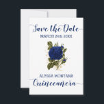 Quinceanera Blommigt Royal Blue Ro Spara Datumet<br><div class="desc">Spara datumkortet för Quinceanera firande. Den här designen har en korsning i ro i royal blå och guld i vit bakgrund. Spara datum och Quinceanera skrivs i handskript, medan ditt viktiga datum och namn kan skrivas ut i versaltypografi. Kortets baksida har ömtåliga linjer som ritas blommor i djupblått och guld....</div>