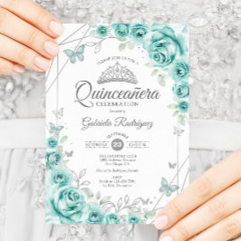 Quinceanera Blommigt Turcos Silver Inbjudningar