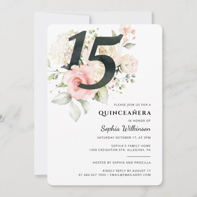 Quinceanera Blommigt Vattenfärg 15:e Födelsedagsfe Inbjudningar (Framsida)