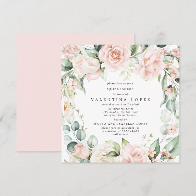 Quinceanera ( Blommigten Rosa ros) Inbjudningar (Fram/baksida)