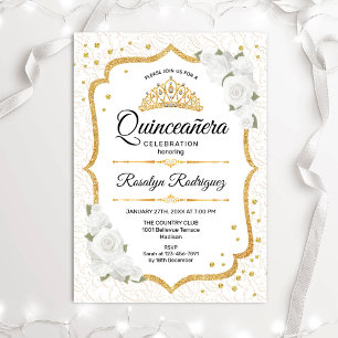Quinceanera - Blommigten Vita Guld Inbjudningar