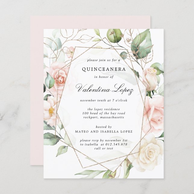 Quinceanera-Blommigtens inbjudan till Rosa (Fram/baksida)