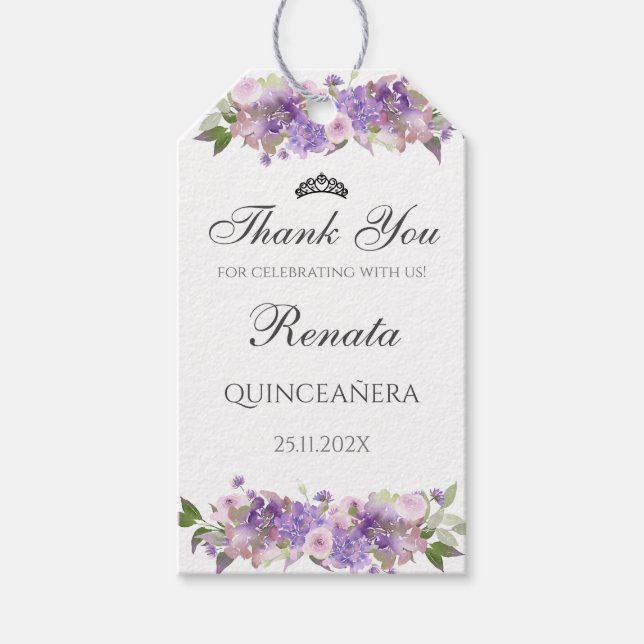 Quinceanera-Blommigtens Lila Presentetikett (Framsidan)
