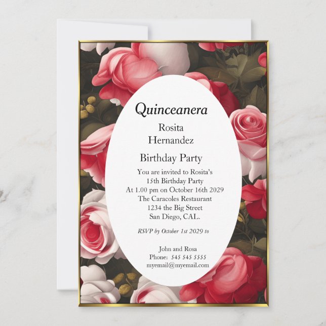 Quinceanera-blommor röd vit ros Birthday Inbjudningar (Framsida)
