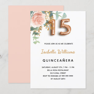 Quinceanera blomster roséguld eukalyptus elegant inbjudningar