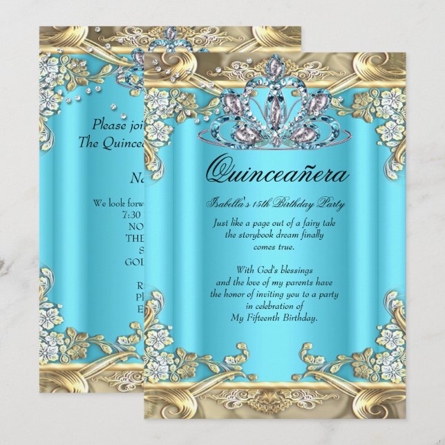Quinceanera Blue Aqua Teal Guld 15:e födelsedagen Inbjudningar (Fram/baksida)