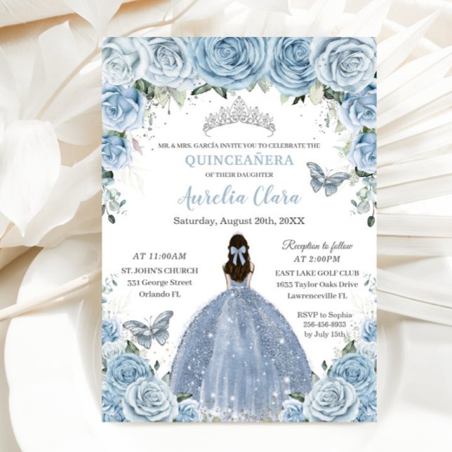 Quinceañera Blue Blommigt Butterflies Silver Tiara Inbjudningar (Skapare uppladdad)