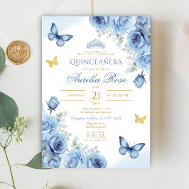 Quinceañera Blue Blommigt Guld Butterfly Tiara Inbjudningar