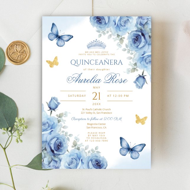 Quinceañera Blue Blommigt Guld Butterfly Tiara Inbjudningar (Skapare uppladdad)