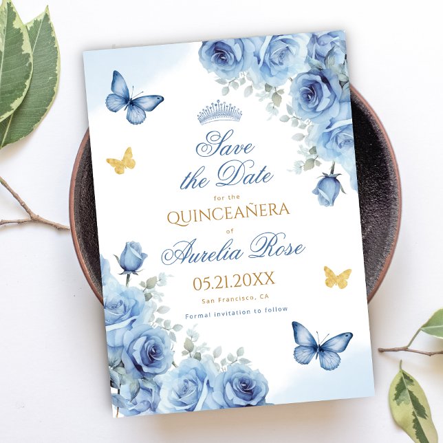 Quinceañera Blue Blommigt Guld Butterfly Tiara Spara Datumet (Skapare uppladdad)