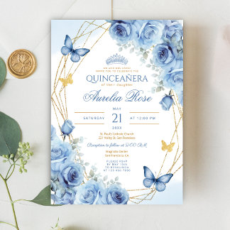 Quinceañera Blue Blommigt Guld Ram Butterfly Krona Inbjudningar