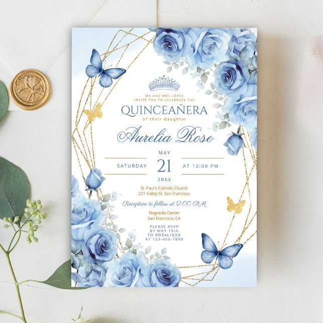 Quinceañera Blue Blommigt Guld Ram Butterfly Krona Inbjudningar (Skapare uppladdad)