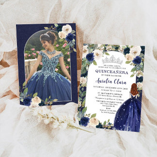Quinceañera Blue Blommigt Princess Birthday Photo Inbjudningar