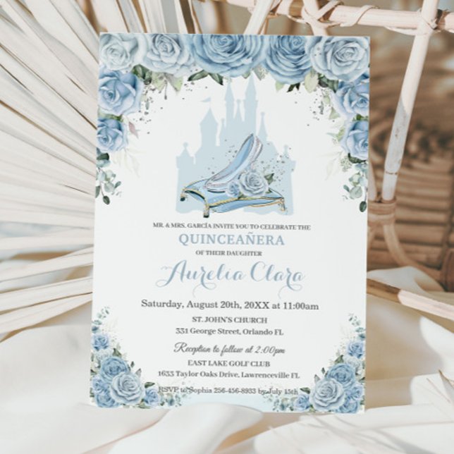 Quinceañera Blue Blommigt Princess Castle Glass Sh Inbjudningar (Skapare uppladdad)