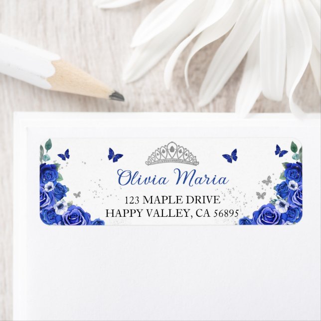Quinceañera Blue Blommigt Silver Butterflies Adres Returadress Etikett (Insitu)