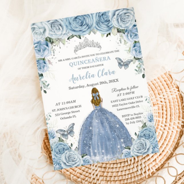 Quinceanera Blue Blommigt Silver Butterflies Blond Inbjudningar (Skapare uppladdad)
