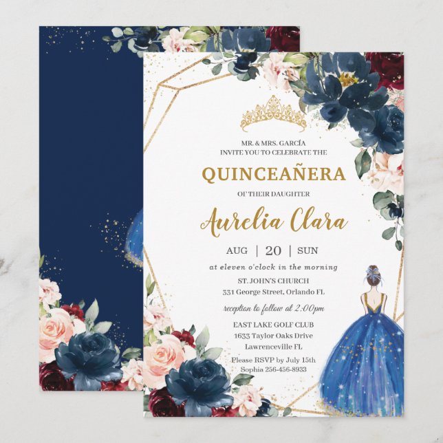 Quinceañera Blue Burgundy  Blommigt Princess I Inbjudningar (Fram/baksida)