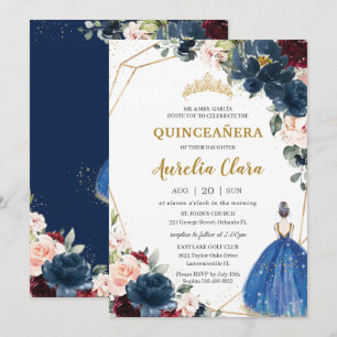 Quinceañera Blue Burgundy Blommigt Princess I Inbjudningar